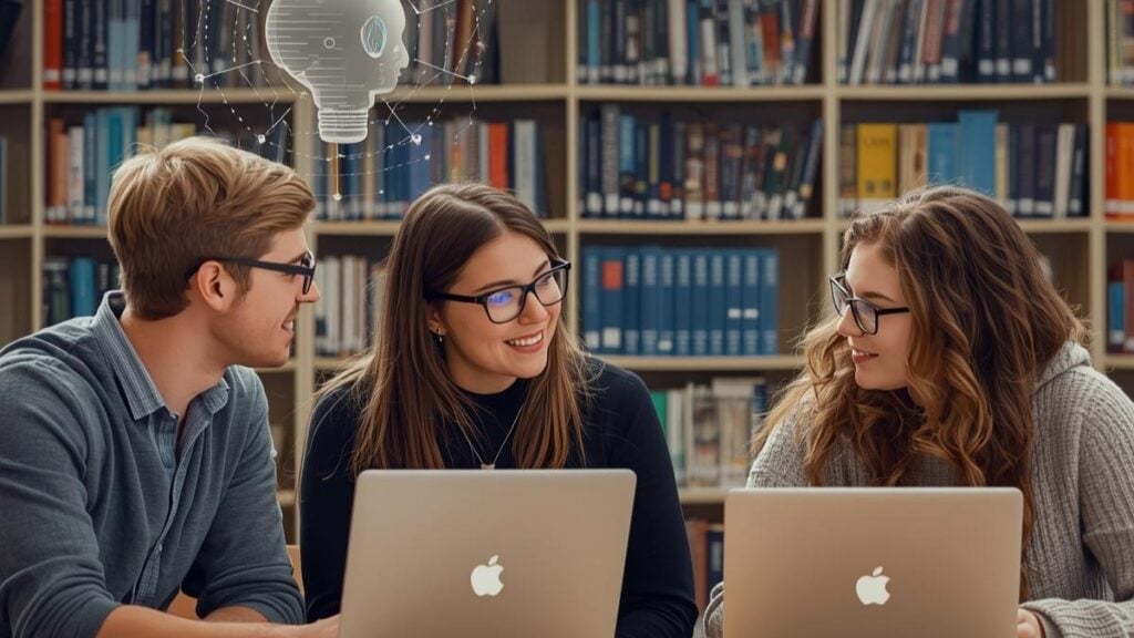 Grad school students with their laptops discussing in the university library and an image depicting AI concept around them