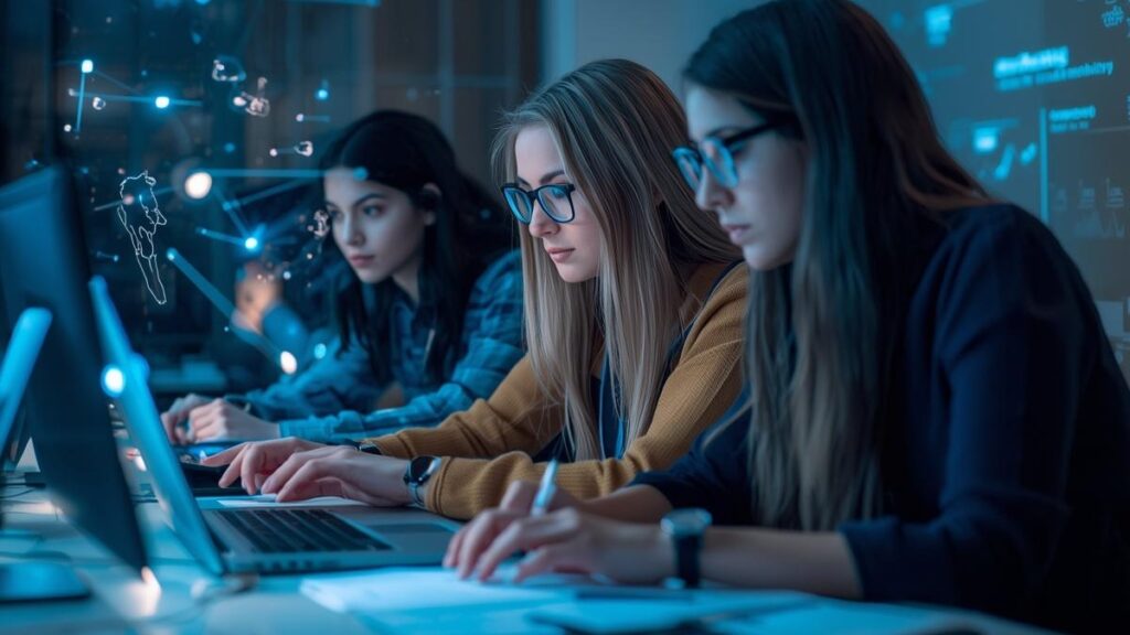 Graduate students doing school work with AI concept surrounding them