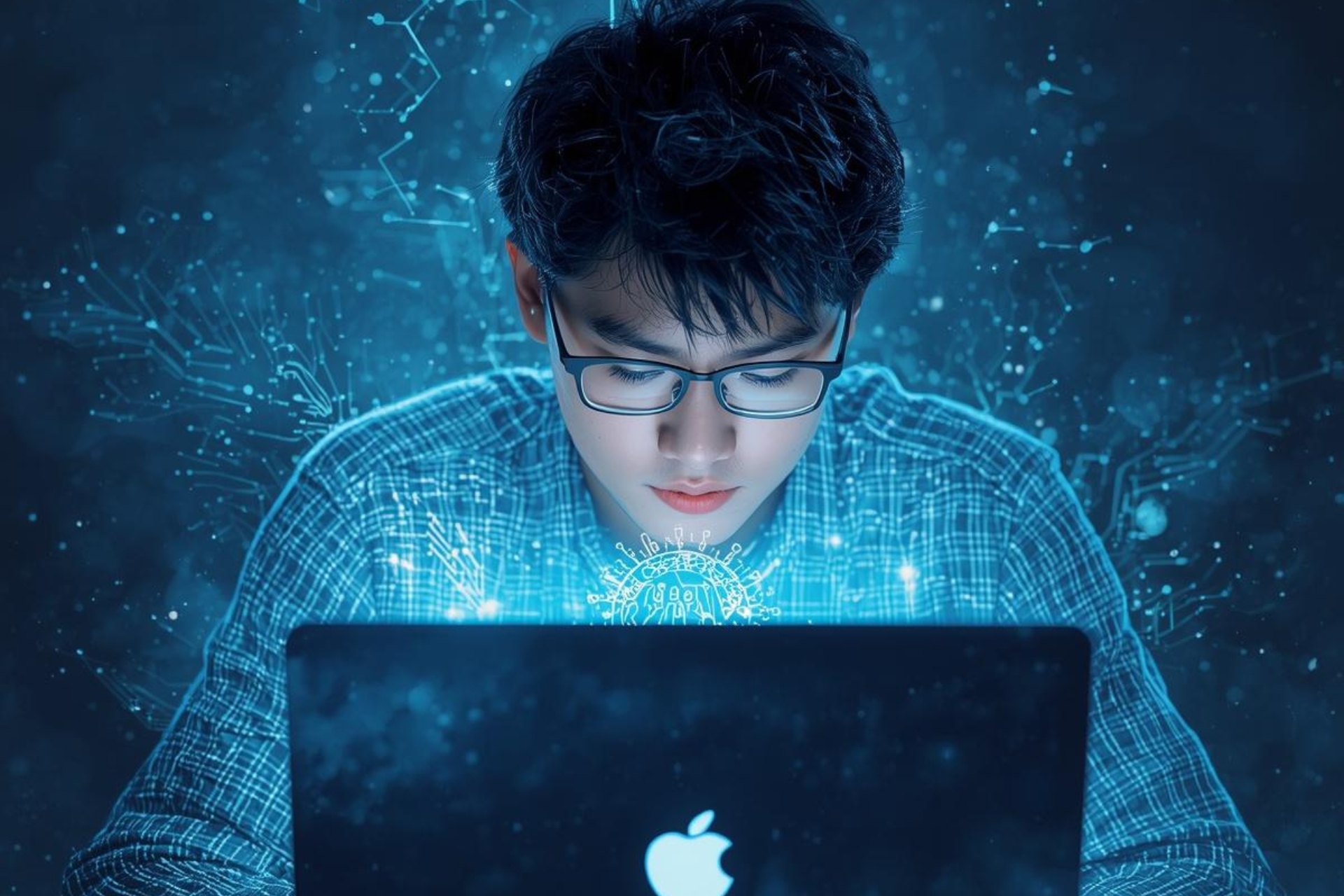 grad student focused on laptop with AI concept coming out of the screen