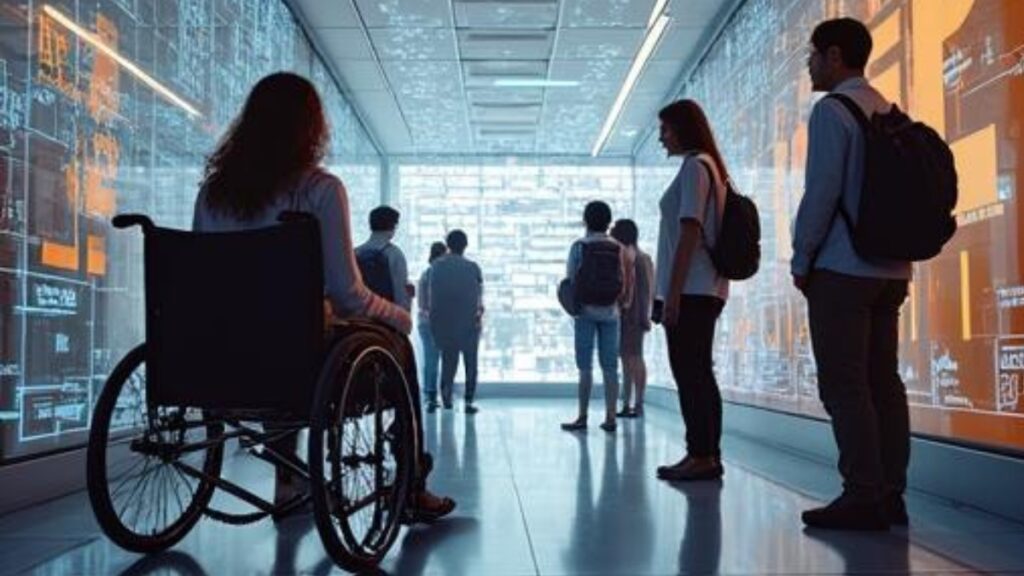 grad student with disability in university hallway where AI concept everywhere