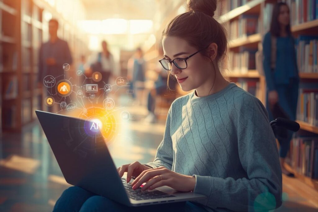 grad student with disability looking at laptop with AI concept emanating from the laptop