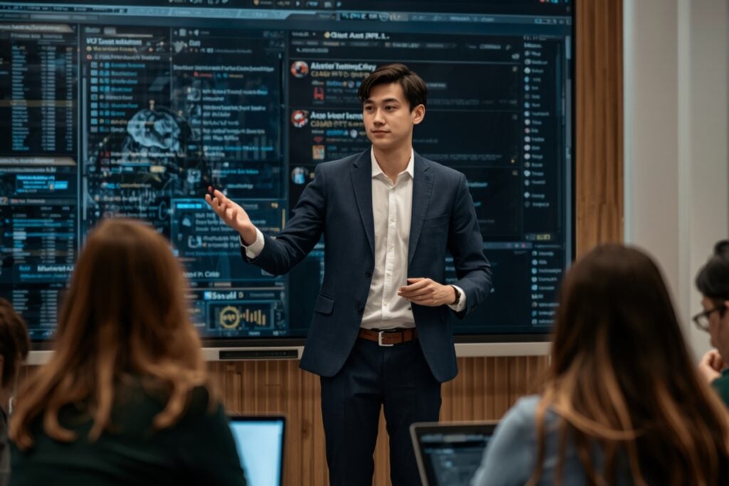 realistic photo of a male college student showing skills in artificial intelligence by putting out a presentation in front of professors and employers