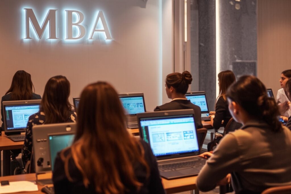 MBA class with students in classroom utilizing AI