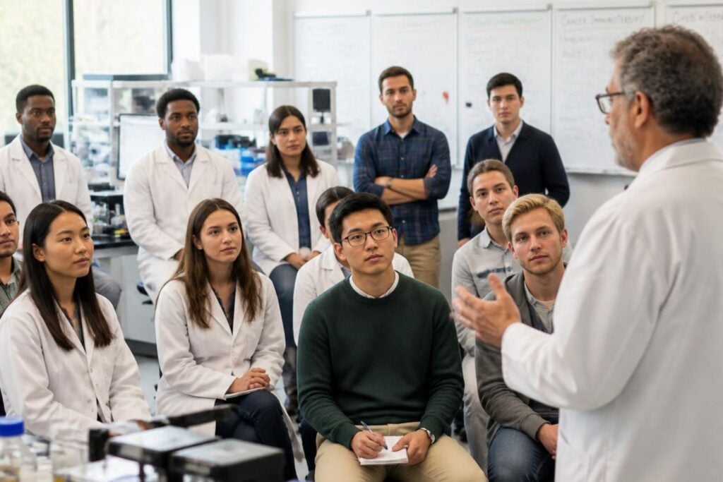 A crowd of male and female PhD students listening to a professor's lecture in a modern science laboratory