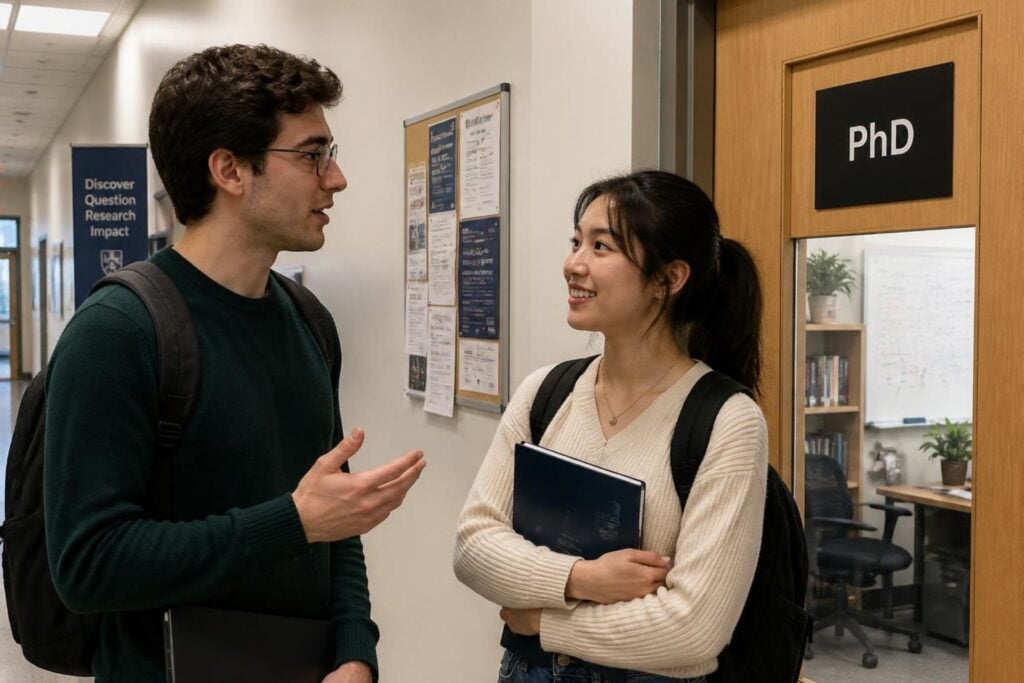 Male and female PhD students talking to each other in the university hallway