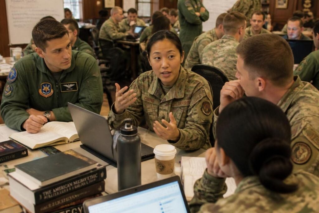 military personnel in grad school halls, discussing their projects