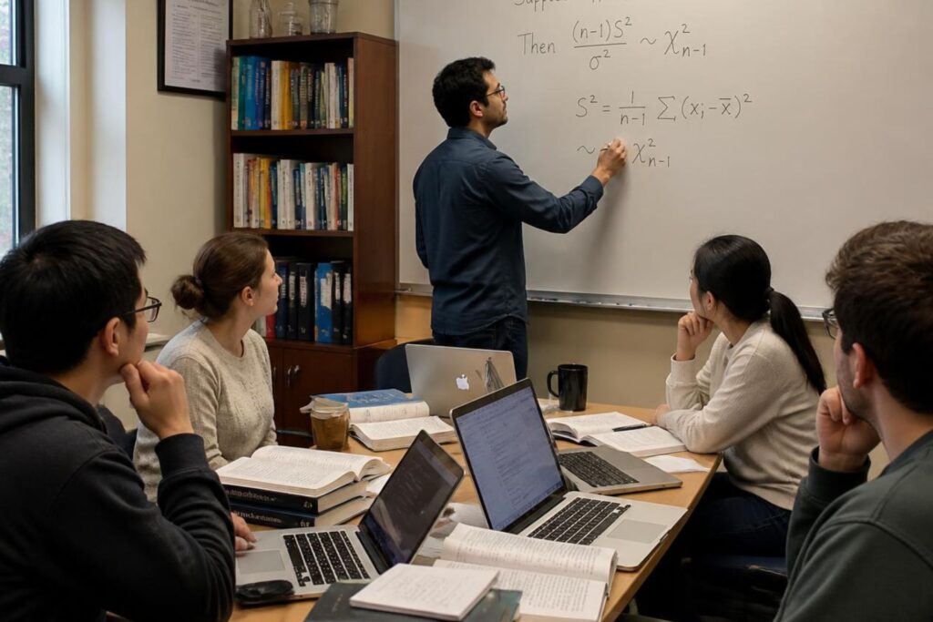 biostatistics phd students listening to a professor discussing a lesson