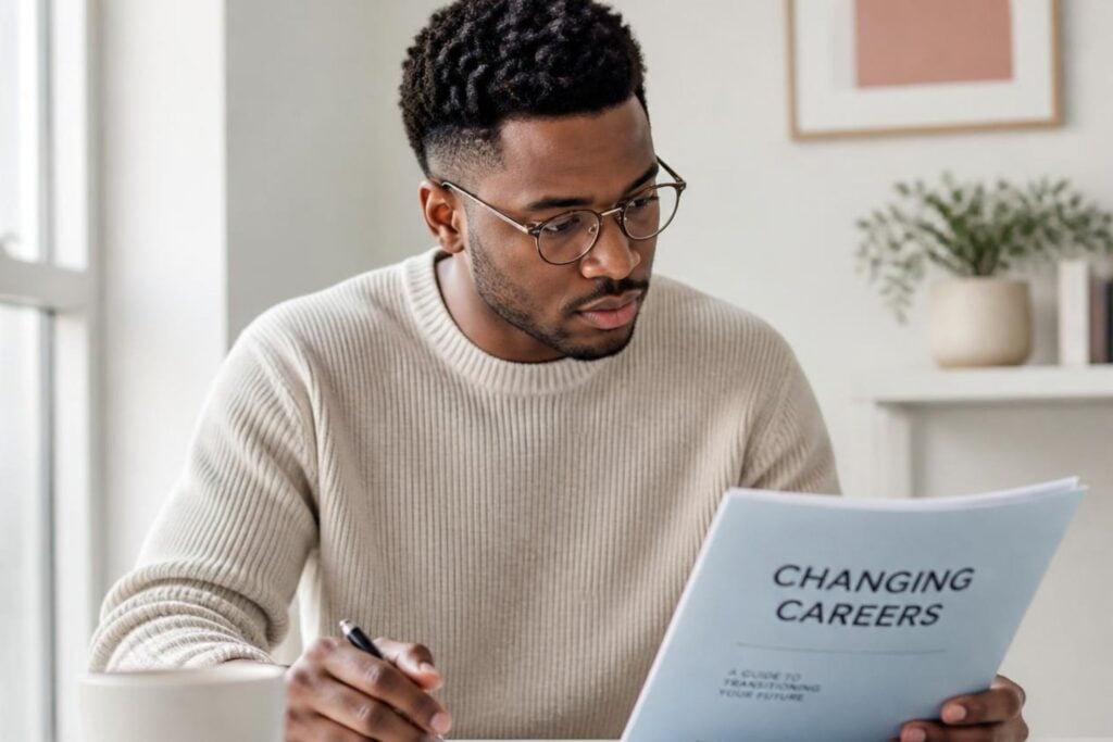 graduate student looking at papers on changing careers