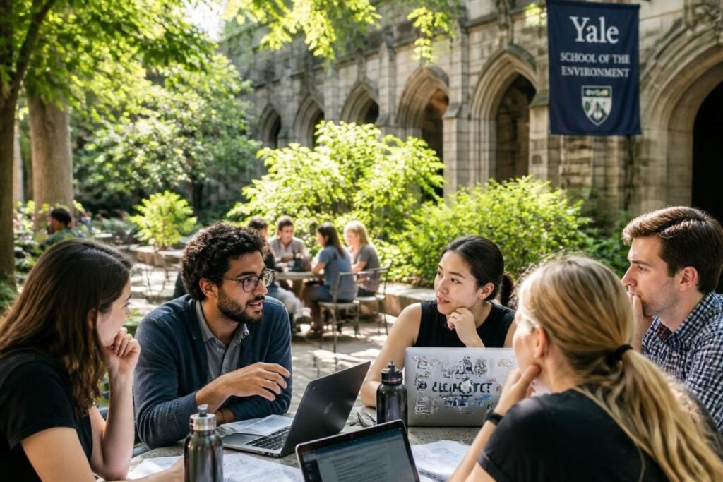 graduate students discussing climate policy in university