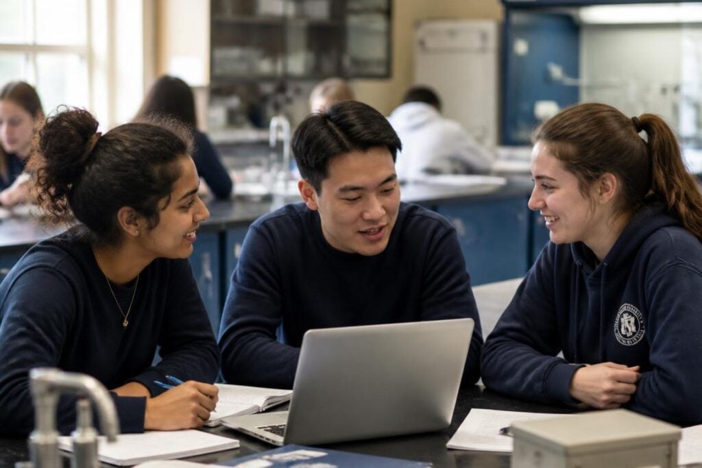 primary care students discussing a project in a university laboratory