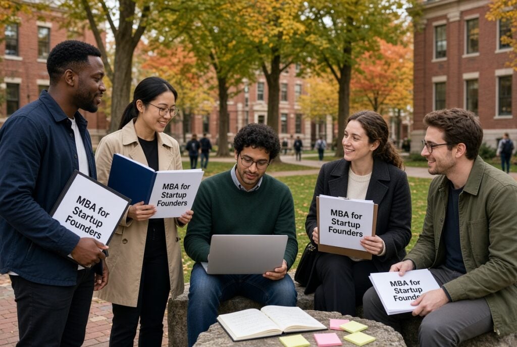 MBA grad students talking about startup projects on university grounds